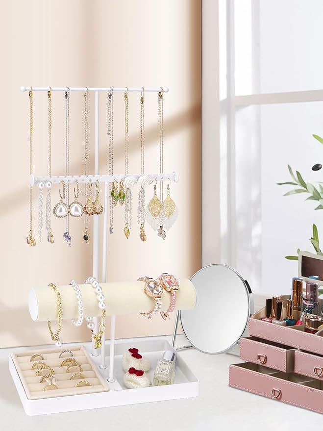 Cirhy Jewlery Holder Necklace Stand, Adjustable Necklace Holder with Velvet Ring Tray, Jewelry Display Rack for Hanging Necklaces, Bracelets, and Earrings, Gifts for Her (White)