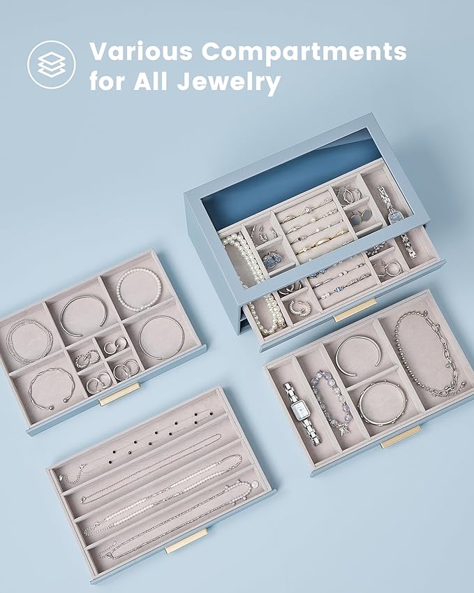 Lolalet Jewelry Box Organizer, 4-Layer Jewelry Organizers and Storage Case with Glass Lid, Ring Earring Bracelet Necklace Holder Organizer, Birthday Christmas Gifts for Women Girls -4Layer, HazeBlue
