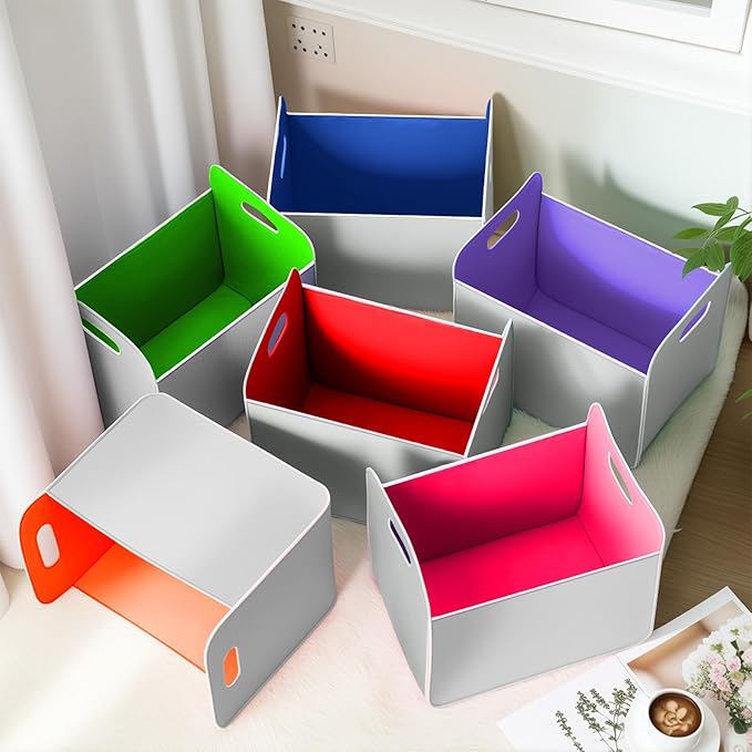 6 Pcs 14x10 Inch Colorful Felt Rectangular Storage Bins Collapsible Storage Basket with Handle for Shelves Closet Bedroom Office Clothes Book Holiday Christmas Stuff Organizer(Gray-rainbow)