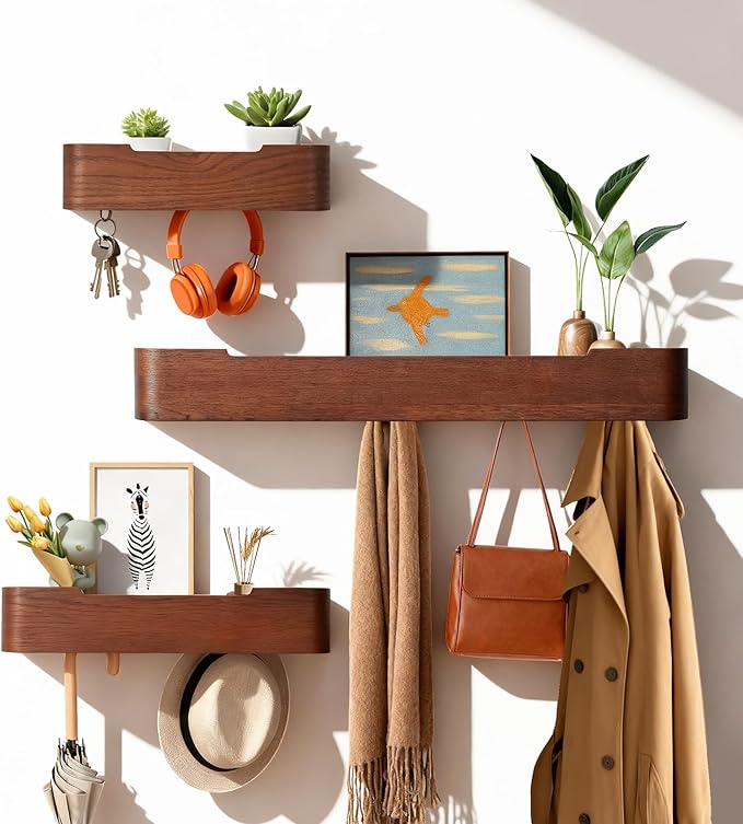 Wall Coat Rack Floating Shelves Modern Coat Rack Wall Mount with Storage Entryway Shelf Wooden Hanger 20 Inch 4 Hidden Metal Hooks for Living Room Bedroom (Walnut Color, 4 Hooks)
