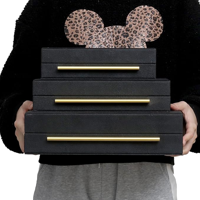 Faux Shagreen Leather Jewelry Storage Boxes Set of 3 with Gold Handles, Velvet Lined Stackable Organizer for Women, Vanity, Dresser, Gift, Black