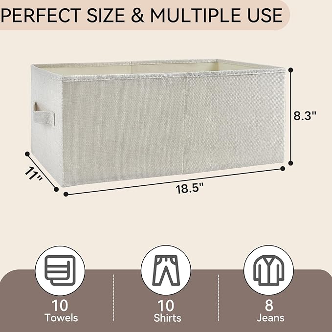 3 Pack Linen Storage Baskets with Handle,Large Foldable Closet Storage Bins for Shelves,Toys,Sheets,Clothes,18"×11"×8",Beige