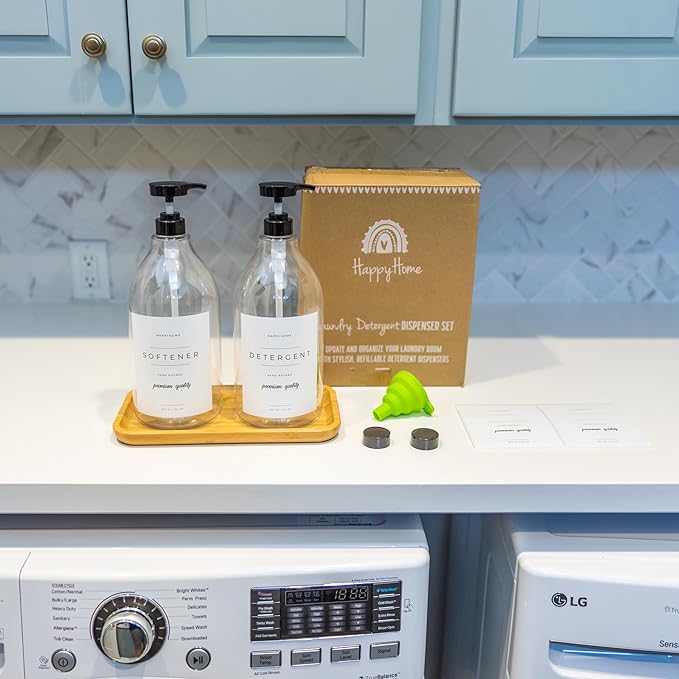 Laundry Detergent Dispenser - Fabric Softener Liquid Dispenser for Laundry Room - 64oz Plastic Soap Dispenser, Waterproof Labels, Collapsible Funnel, Extra Labels, Measuring Cup&Bamboo Tray - Set of 2