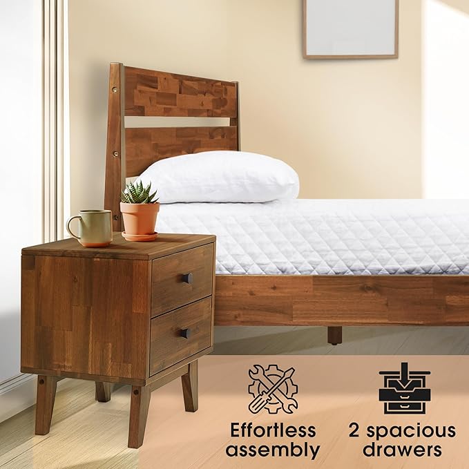 Acacia Silvia Nightstand with 2 Drawers, Solid Wood Bedside Table, Table with Storage Drawers for Bedroom, Bedside End Table with Drawer and Storage Space, Chocolate