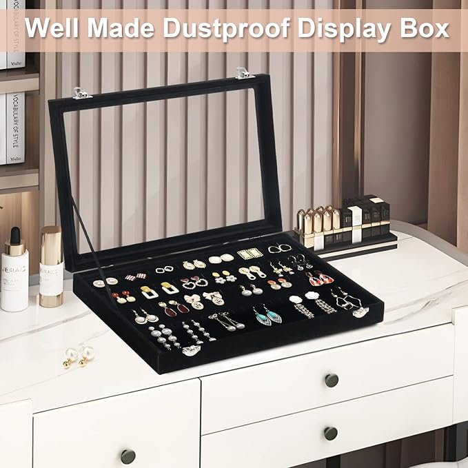 Jenseits Earring Organizer Tray, Earring Box with Clear Lid 80 Slots Velvet Drawer,Earring Tray with Lock, Jewelry Display Case for Women Girls, Black