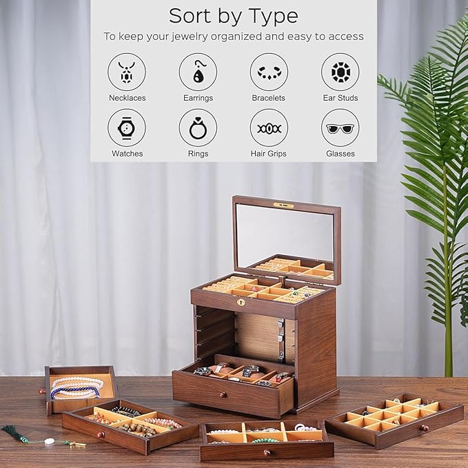 Vintage Rustic Wooden Jewelry Organizer boxes with 5 Drawers & Lock | Large Storage Box for Necklaces, Rings, Earrings | Handcrafted Gift for Women