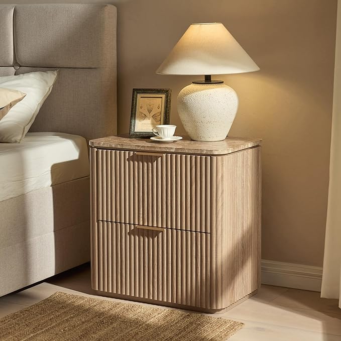 Fluted Nightstand with 2 Drawers, Bedside Table with Faux Marble-Top, Engineered Wood End Table with Curved Corners, Metal Handle, Modern Night Stand for Bedroom, Small Spaces, Natural Oak