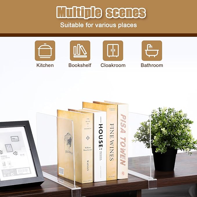 6 Pack Clear Acrylic Shelf Dividers for Closet Organization, Purse Organizers for Closet, Clothing Dividers, Handbag Organizers for Shelves in Bedroom and Office