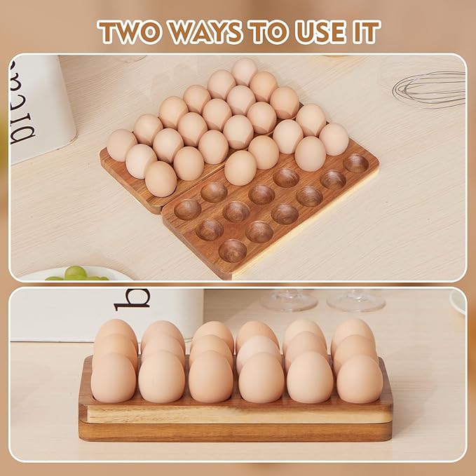 Egg Basket for Chicken Owners Egg Holder Countertop for Parents with Kids Suitable for Kitchen Counter Foldable Acacia Wood Egg Storage Stacks 36 Eggs, Egg Tray Save Counter Space for Fresh Eggs