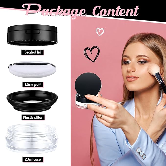 Cunhill 2 Pcs Loose Powder Container with Puff 0.17/0.7 oz Reusable Plastic Empty Case Portable DIY Makeup Powder Container Compact Case with Mirror and Net Sifter(Neon,Black)