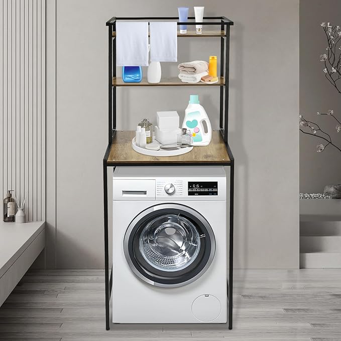 Over Washer and Dryer Shelves,Dryer Storage Shelf,3 Tiers Laundry Room Storage and Organizer Standing Shelf,Height Adjustable Laundry Room Shelves, Load-Bearing Capacity 22lbs (Black+ Oak)