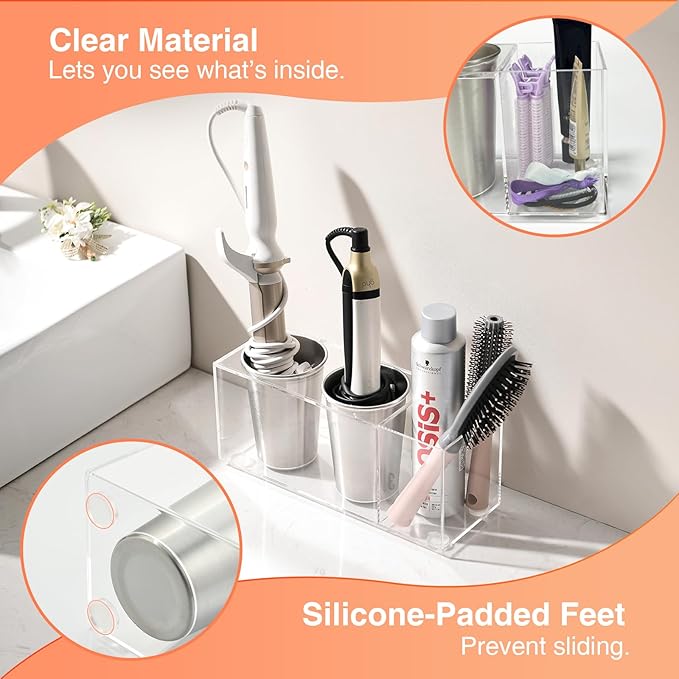 Acrylic Hair Tool Organizer, Curling Iron Holder Countertop, Hair Dryer Organizer Under Sink Wall Mount, Hot Tools Holder for Vanity Bathroom, Clear