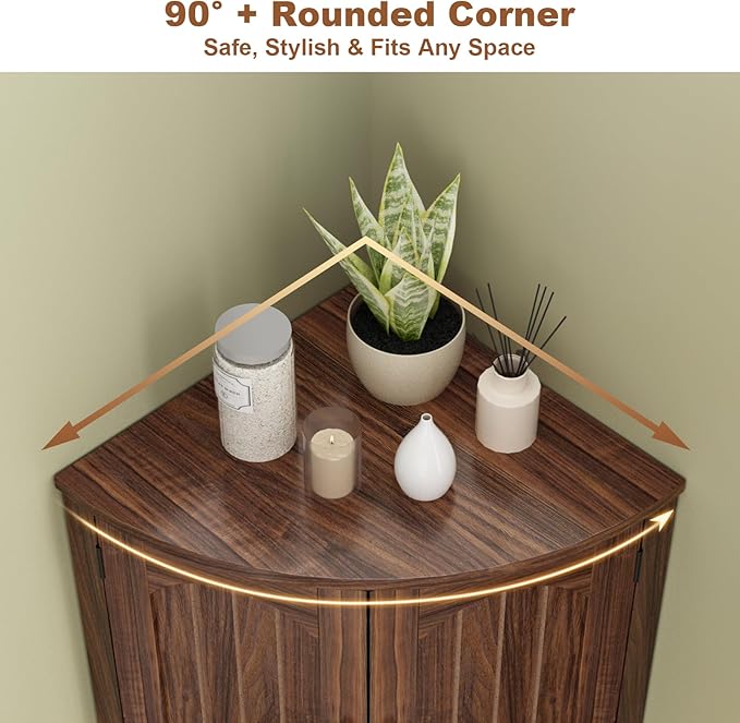 Tall Corner Cabinet, 64.7" Corner Storage Cabinet with 4 Doors and 5 Storage Shelves, Farmhouse Space Saver with Arched Door Design for Living Room, Kitchen, Bathroom, Office