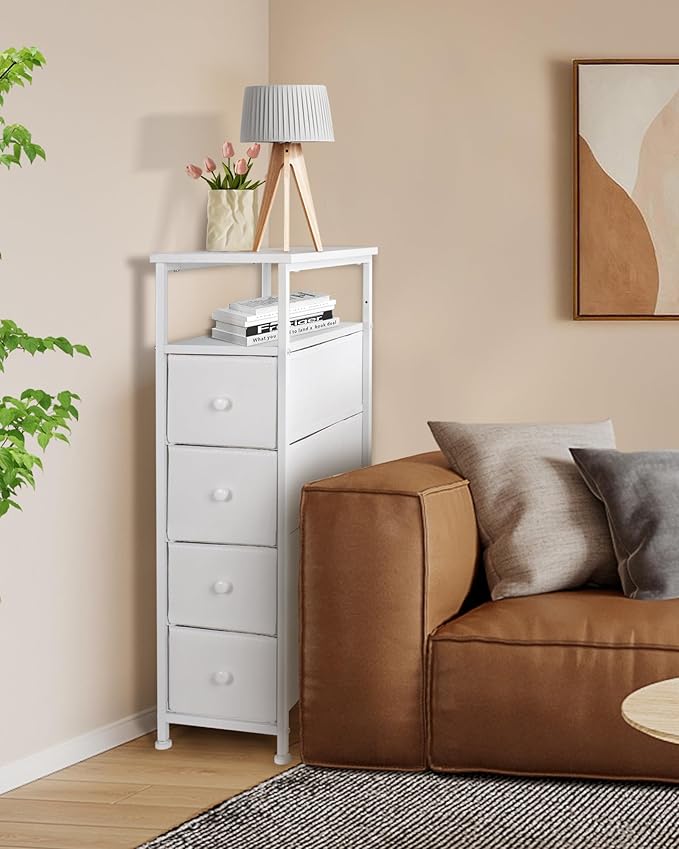 Narrow Dresser for Bedroom, Fabric Tall Dresser & Chests of Drawers with 4 Drawers, Vertical Organizer Storage Tower Unit for Bedroom, Hallway, Entryway White