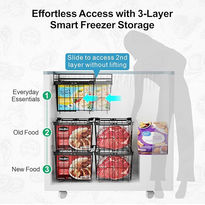 iSPECLE Freezer Organizer Bins - 2 Pcs Hanging Baskets for Deep Freezer, Adjustable Wider & Deeper Chest Freezer Organizer Bins for 5 to 9 Cu Ft, Extra Large & Easy Organize, Black