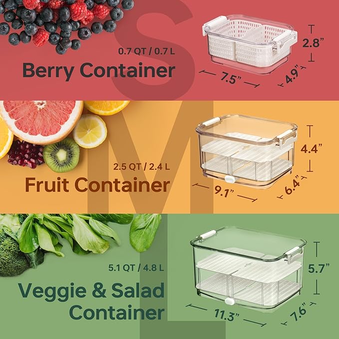 Felli Duo Fresh Produce Saver for Fridge, Fruit Vegetable Container with Vent & Drainage in Bottom for Wash, Colander Strainer Storage Bin for Refrigerator, Berry Lettuce Keeper, Christmas Gifts