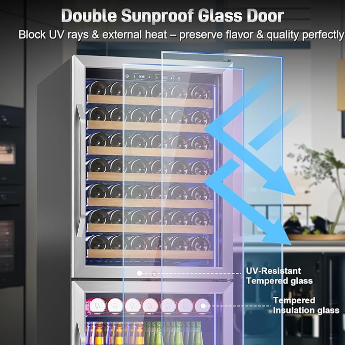 24 Inch Wide Wine and Beverage Refrigerator, 2 IN 1 Dual Zone Wine Cooler, Built-In/Freestanding Beverage Wine Fridge with Safety Lock, Low Noise and Fast Cooling Silver