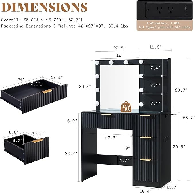 AMERLIFE 36.2" Fluted Vanity Desk with Mirror and Adjustable LED Lights, Large 4 Drawers Makeup Table with Glass Top and Charging Station for Women and Girls, Bedroom or Dorm, Black