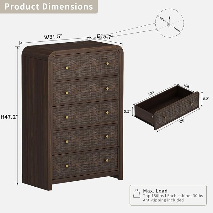 Oak&Sparrow 5 Drawer Tall Dresser for Bedroom, 47'' Rattan Dresser with Ample Storage, Boho Chest of Drawers, Thickened Curved Profile Design, Dark Walnut Dressers for Bedroom, Living Room