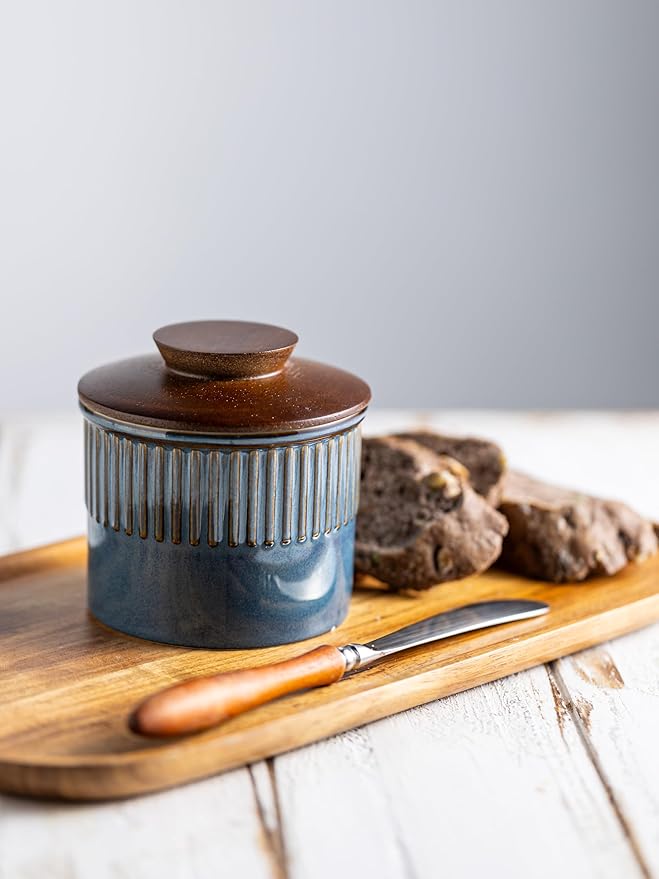 Ceramic Butter Dish with Lid, Butter Crock for Countertop, French Butter Keeper, Classic Stripe Pattern, Blue