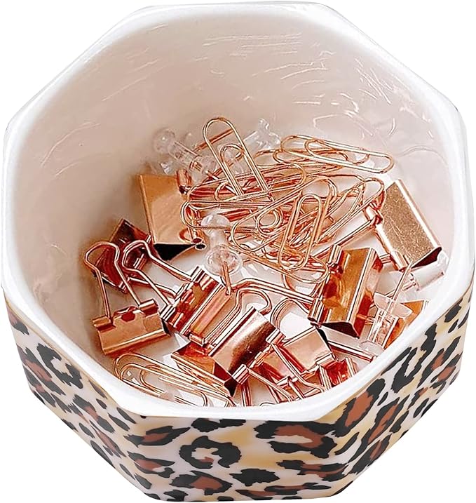 Ceramic Paper Clip Holder Gold Line Paper Clip Dispenser Organizer for Desk Cute Leopard Office Binder Clip Holder Bobby Pin and Hair Clip Holder Gift for Office Brown