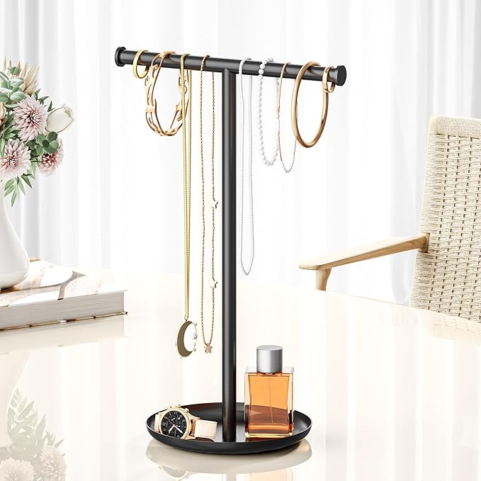 Necklace Organizer Stand with Storage Tray - 12.6" Tall T-Shaped Jewelry Holder Stand for Bracelets, Earrings, Rings | Stylish Home & Vanity Décor for Women, Black.