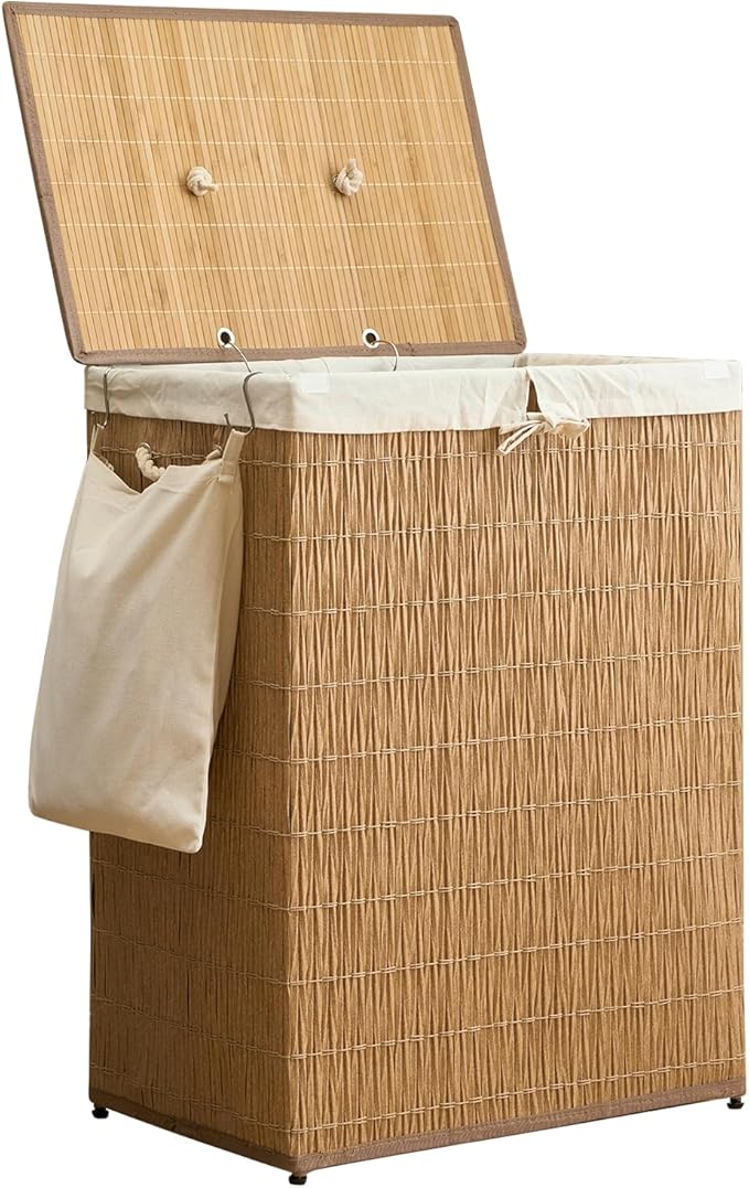 Laundry Hamper with Lid, 52.8 Gallon(200L) Large Laundry Basket 2 Removable Liner Bags, Synthetic Rattan Clothes Hamper with Side Pocket, laundry organization for bathroom, laundry room, Natural