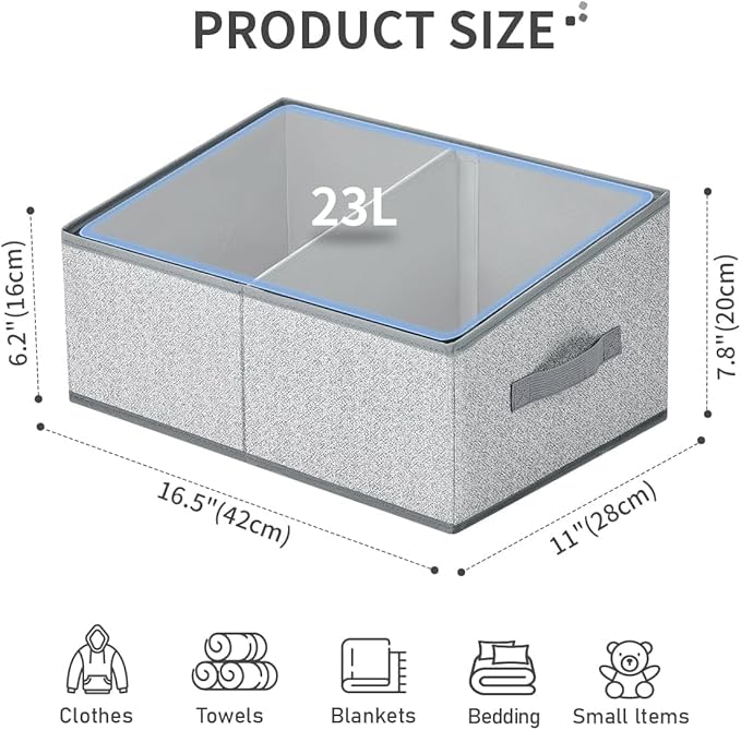 DIMJ Storage Baskets for Shelves 8 Packs - Large Trapezoid Closet Organizer Bins with Handles and Divider, Foldable Clothes Containers Box for Shelf, Towel, Book, Toy, Purse, Grey