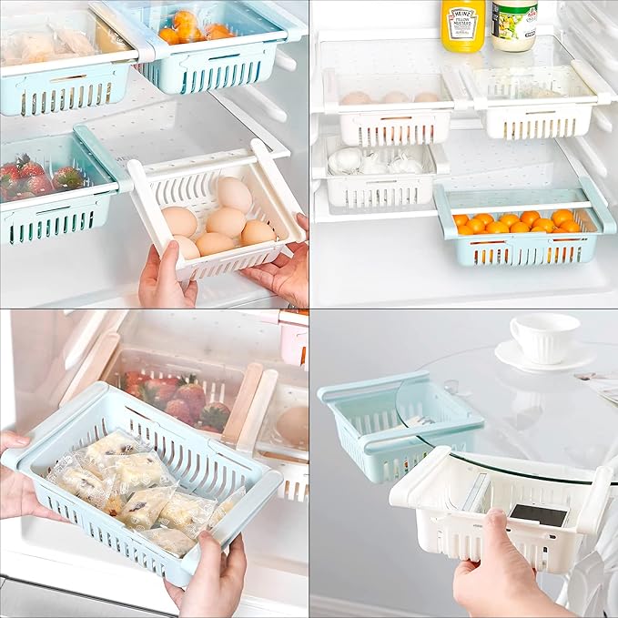 Refrigerator Drawer Organizer 2 Packs Retractable Drawer Refrigerator Storage Box, Unique Design Pull Out Storage Box, Sliding Shelves Refrigerator Hanging Organizer