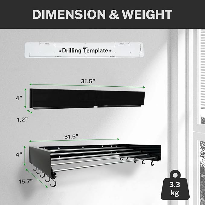 Wall Mounted Laundry Drying Rack, Retractable & Foldable, 31.5" Wide, 13.2 Linear Ft, 5 Heavy-Duty Aluminum Rods, 60 lb Capacity, Space-Saving Design, Easy Installation, Indoor/Outdoor (Black)