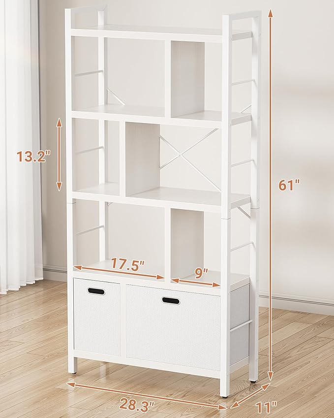 Armocity Bookshelf with Drawers - 5 Tier Tall Bookcase Geometric Modern Book Shelf Display Standing Bookshelves with Storage for Living Room, Bedroom Home Office, White