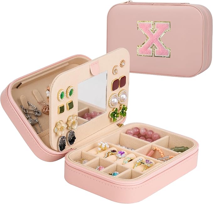 TopPerfekt Travel Jewelry Case Travel Jewelry Box With Mirror, Jewelry Organizer Bridal Shower Gifts To Her, Earring Travel Case, Trendy Gift for Women and Girls (X, Pink)