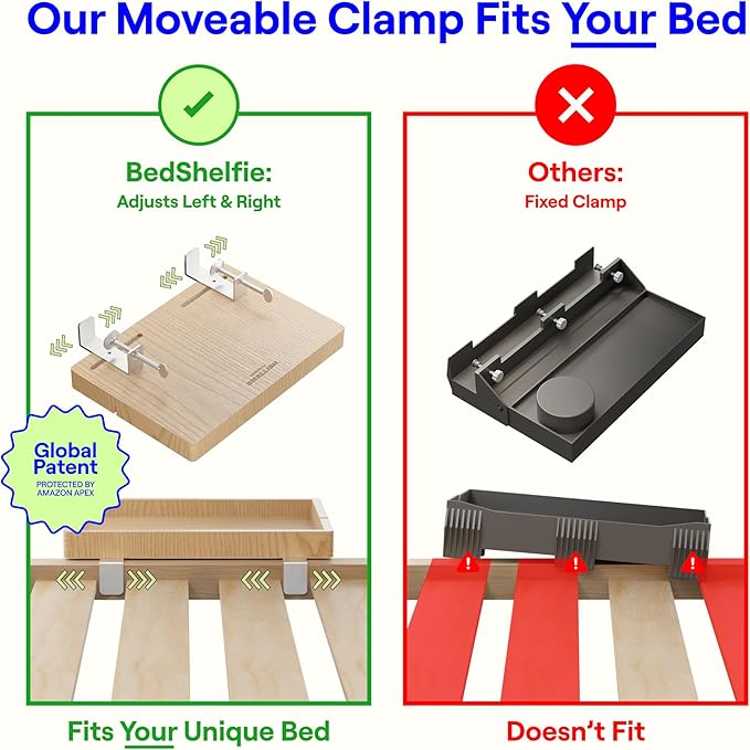 BedShelfie Bedside Shelf for Bunk Bed & Top Bunk, College Dorm Room Essentials, Loft Nightstand, Floating Bed Side Table Tray Storage, Dorm Room Decor by Smallish - (Flexfit Model, Black)