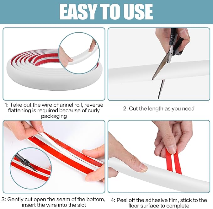 Floor Cord Cover Self Adhesive Cord Hider,10FT Cable Management, Extension Strip Protector for Wires, Prevent Cable Trips for Offices, Gyms, Exhibitions Cavity:0.51"(W) x 0.3"(H) White