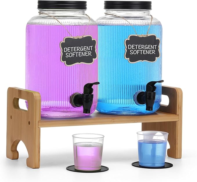 2-Pack Laundry Detergent Dispenser with Bamboo Stand，1 Gallon Laundry Soap Dispenser with Measuring Cup，Glass Laundry Detergent Containr for Laundry Room Organization and Storage