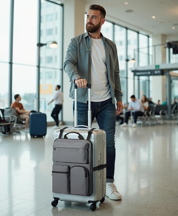 Over Luggage Organizer Bag for Suitcase with Multi Pockets, 16” Laptop Bag with Handle, Portable Travel Organizer Bags for Luggage with Adjustable Straps, Tote Carry Bag for Men Women(Grey)