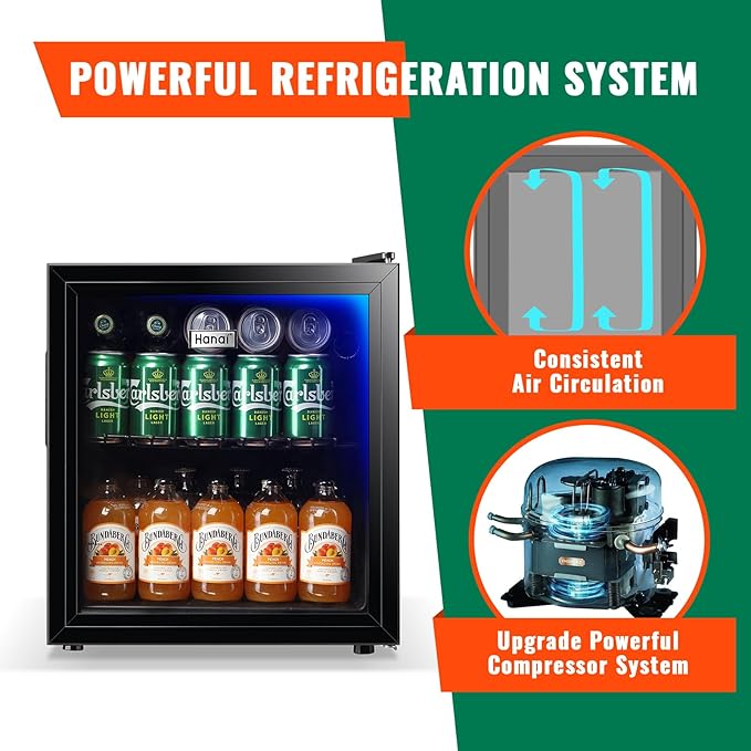 WANAI Mini Fridge Glass Door 58 Cans Beverage Cooler Refrigerator Small Beer Fridge 1.7 cu.ft Organizer for Drinks Soda Wine Small Refrigerator with Blue LED for Home Office Dorm