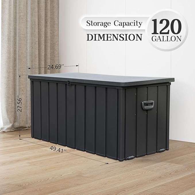 Domi 120 Gallon Deck Box, Metal Outdoor Storage Box with Resin Lid Lock Wheels Side Handles, Waterproof Outside Storage Box for Patio Cushions, Shoes & Pool Tools