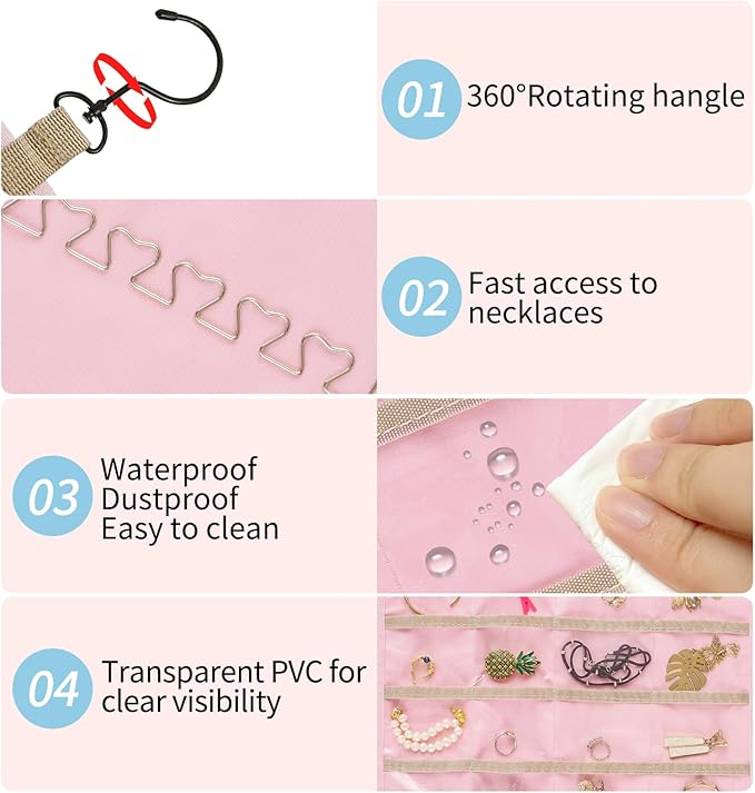Bloss Hanging Jewelry Organizer with 48 Pockets, Double-Size Hanging Jewelrys Holder with Hanger Hooks, Jewelry Organizers and Storage for Earrings, Necklaces and Rings,Pink