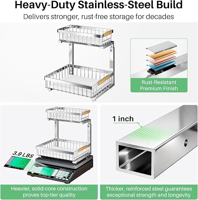 Under Sink Organizer, Stainless Steel 1-Pack 2 Tier Under Sink Organizers and Storage, Slide out Pull out Cabinet Shelf, Sliding Drawer for Kitchen Bathroom Pantry Cabinet Closet Organization Rack