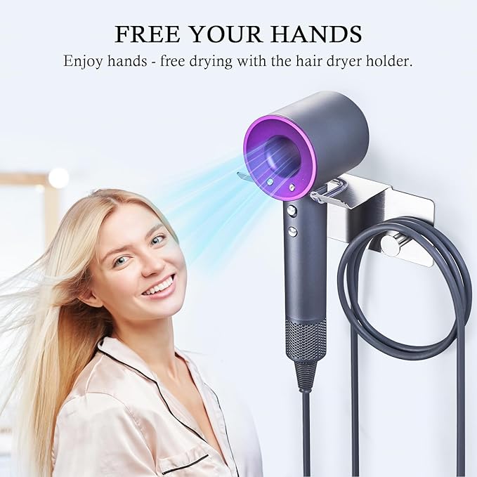Hair Dryer Holder Wall Mount, Blow Dryer Holder for Wall, Adhesive Hairdryer Holder, Stainless Steel Blowdryer Holder, Bathroom Hair Tool Organizer, Hair Dryer Hanger Hook with Cord Storage (Silver)