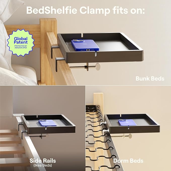 BedShelfie Bedside Shelf for Bunk Bed & Top Bunk, College Dorm Room Essentials, Loft Nightstand, Floating Bed Side Table Tray Storage, Dorm Room Decor by Smallish - (Flexfit Model, Black)