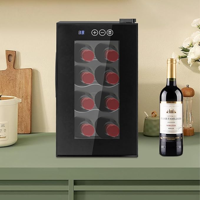 8 Bottle Wine Cooler, Small Wine Fridge Freestanding Wine Fridge with 46-64℉ Digital Temperature Control, Countertop Wine Cooler Refrigerator for Red, White and Sparkling Wine Storage