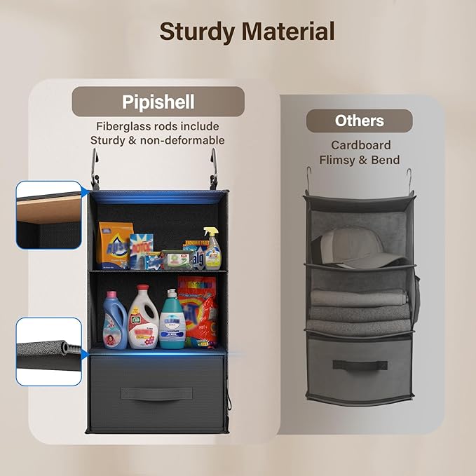 Pipishell 6-Shelf Hanging Closet Organizer, Hanging Shelves with 2 Separable 3-Tier Shelves, Closet Shelves Organizer with 3 Removable Drawers for Wardrobe, Nursery, Baby Clothes, Black