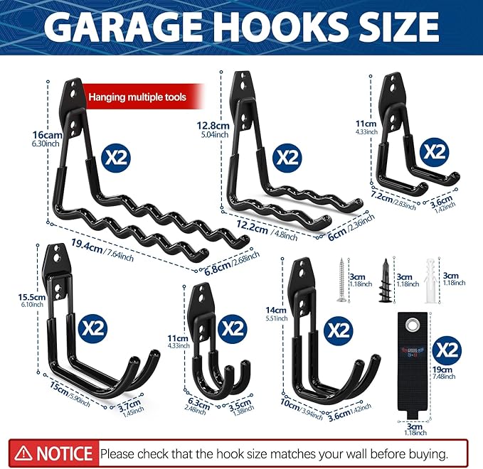 3-H Heavy Duty Garage Hooks with Extra Welding Spots, Utility Hooks for Hanging, Garage Organizer for Garden, Lawn, Yard Tools, Chairs, Ladders, WeedEater, Shovel(Black)