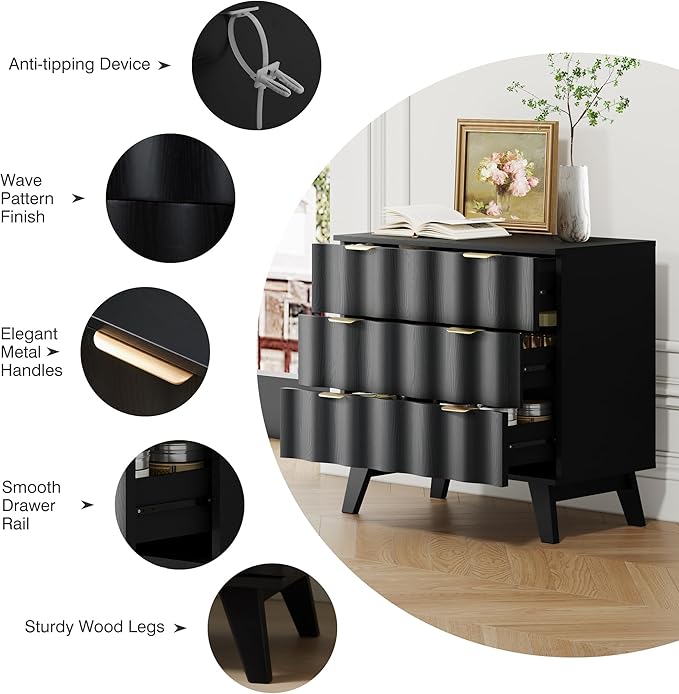 3 Drawer Dresser, Fluted Chest of Drawers with Handles for Closet, Large Nightstand with 3 Drawers Accent Cabinet for Bedroom, Living Room, Hallway (Black)