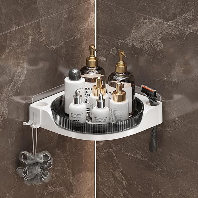 360 Rotating Makeup Organizer Spinning Bathroom Organizer 1 Pack Corner Storage Organizer with Hooks for Perfume Lotion Skincare Organizer Countertop Kitchen Storage(Smoky Grey)
