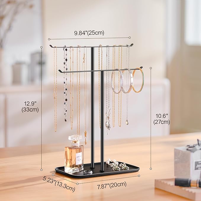 pickpiff Necklace Holder Jewelry Organizer Stand – 2‑Tier T‑Bar Jewelry Display Tree with Tray for Countertop Necklace Bracelet Earring Storage, Vanity Dresser Bathroom Sink, Black