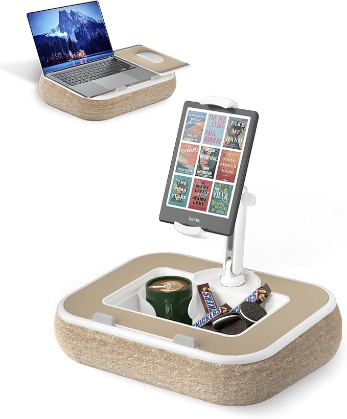 Viozon Kindle Pillow Stand Holder, Phone Holder for Bed, Laptop Lap Desk with Mouse Pad,Compatible with 4.7-13" Kindle/Tablet/Phone,10-15" Laptop, Snack Bowl&Cup Attachment&Detachable 360° Stand Arm