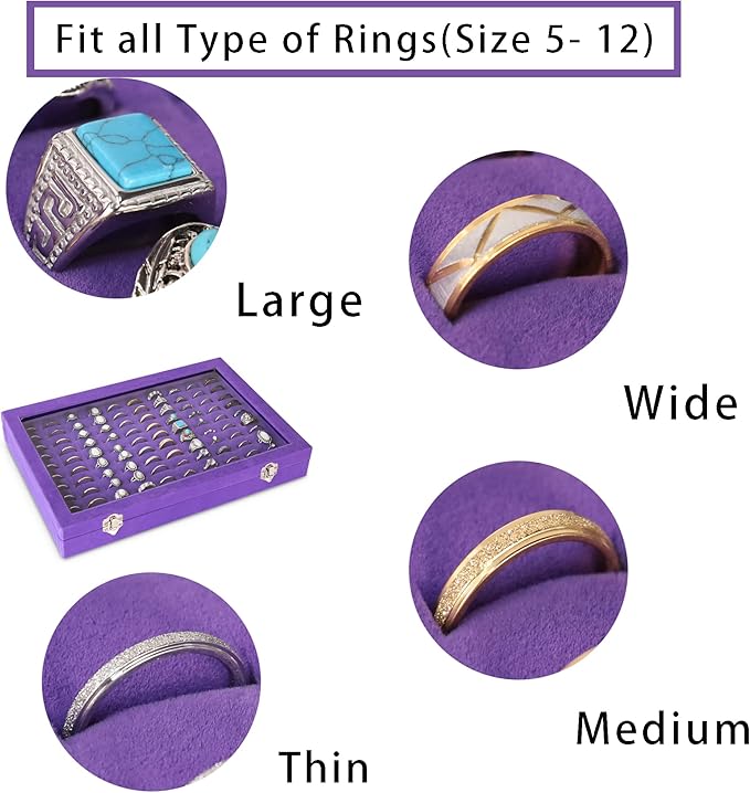 Frebeauty Ring Organizer Tray 100 Slots Ring Holder with Clear Lid Velvet Storage Box Jewelry Tray for Jewelry Store Earring Display Case for Jewelry Show Studs Box for Women(Purple)